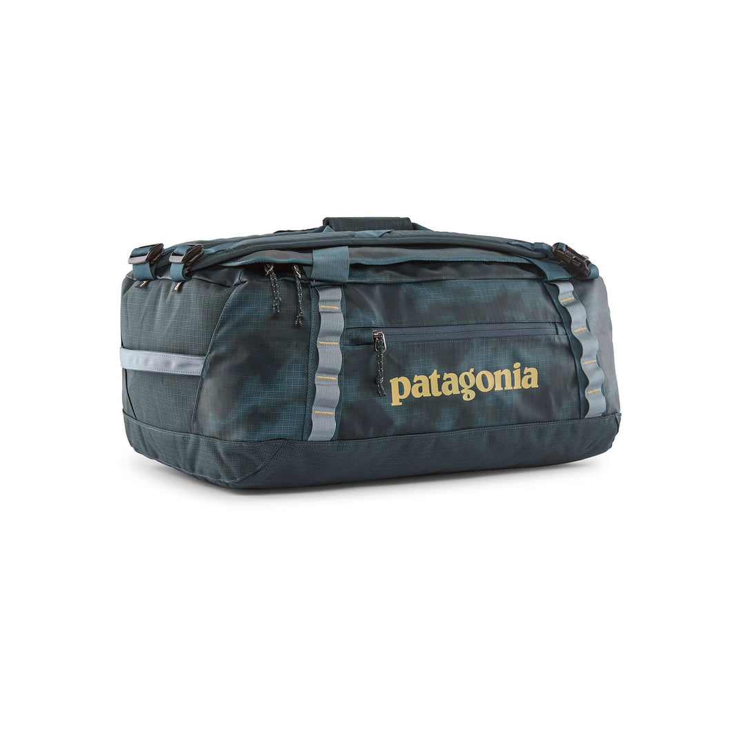 Patagonia Black Hole Duffel 40L in Sastrugi Summit Blue — three-quarter view with haul handles and daisy chains
