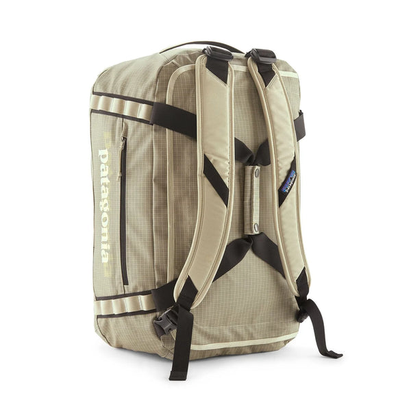 Patagonia Black Hole Duffel 40L Weathered Stone in backpack mode with black straps and logo