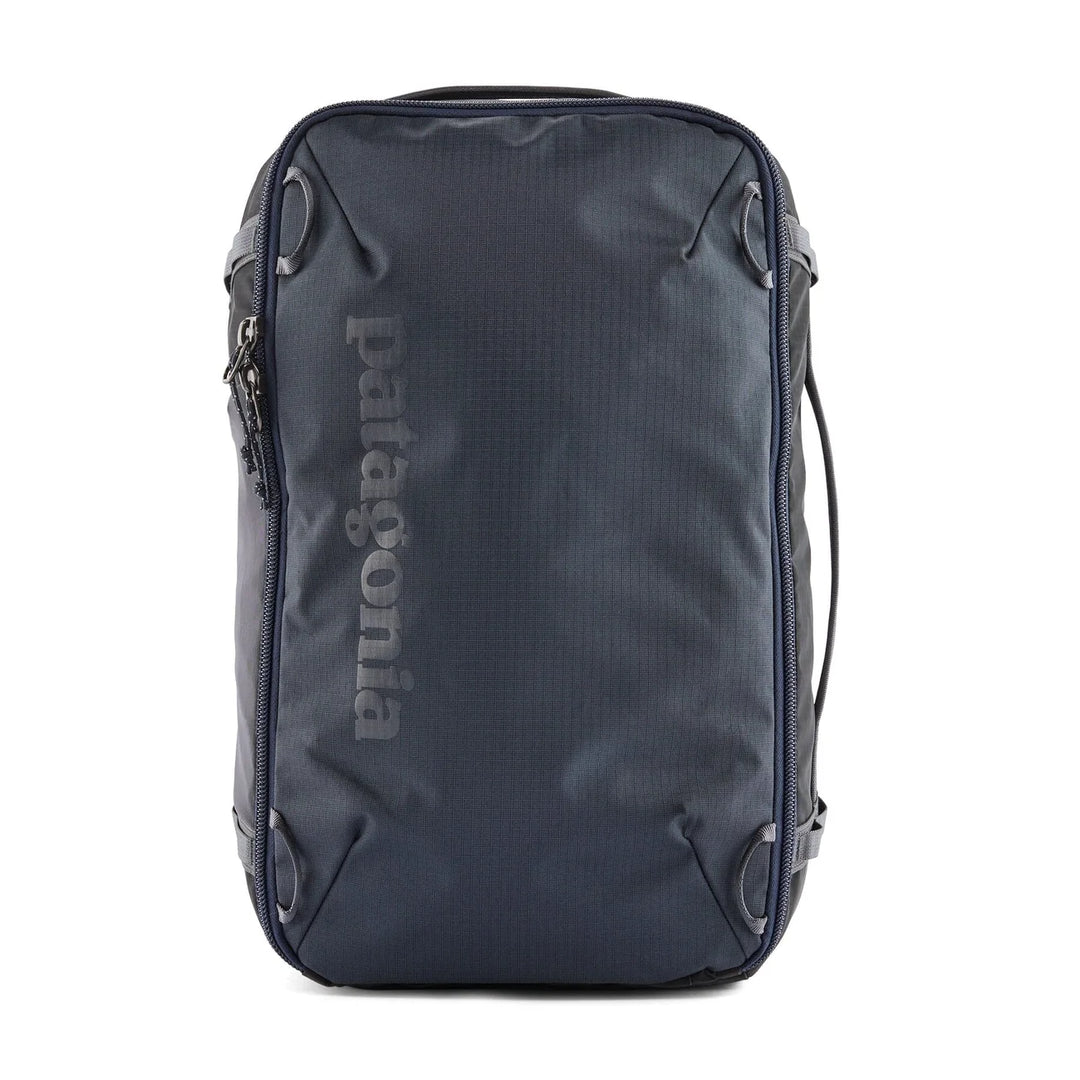 Patagonia Black Hole Mini MLC 30L Smolder Blue — front view flat lay with tonal Patagonia logo