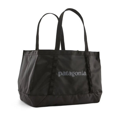 Studio view of the black Patagonia tote, weather-resistant and sleek