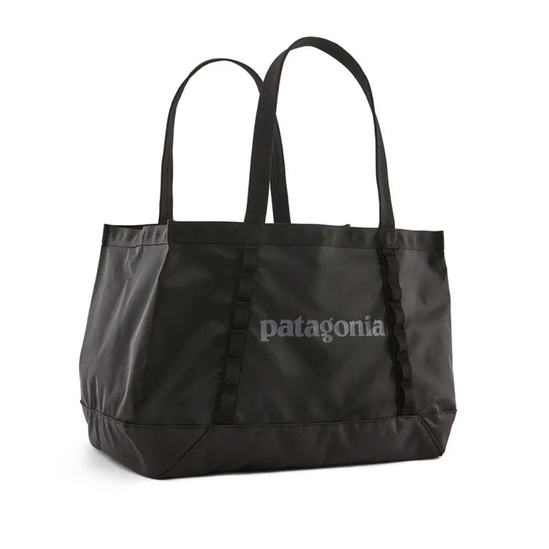 Studio view of the black Patagonia tote, weather-resistant and sleek