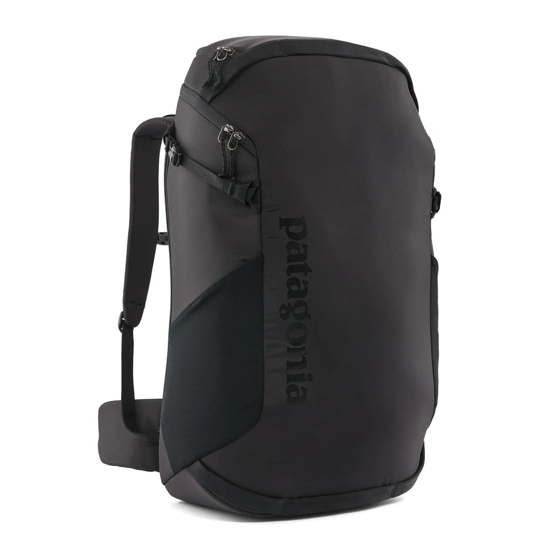 Patagonia Cragsmith Pack 45L Black — three-quarter view with roll-top closure and tonal logo