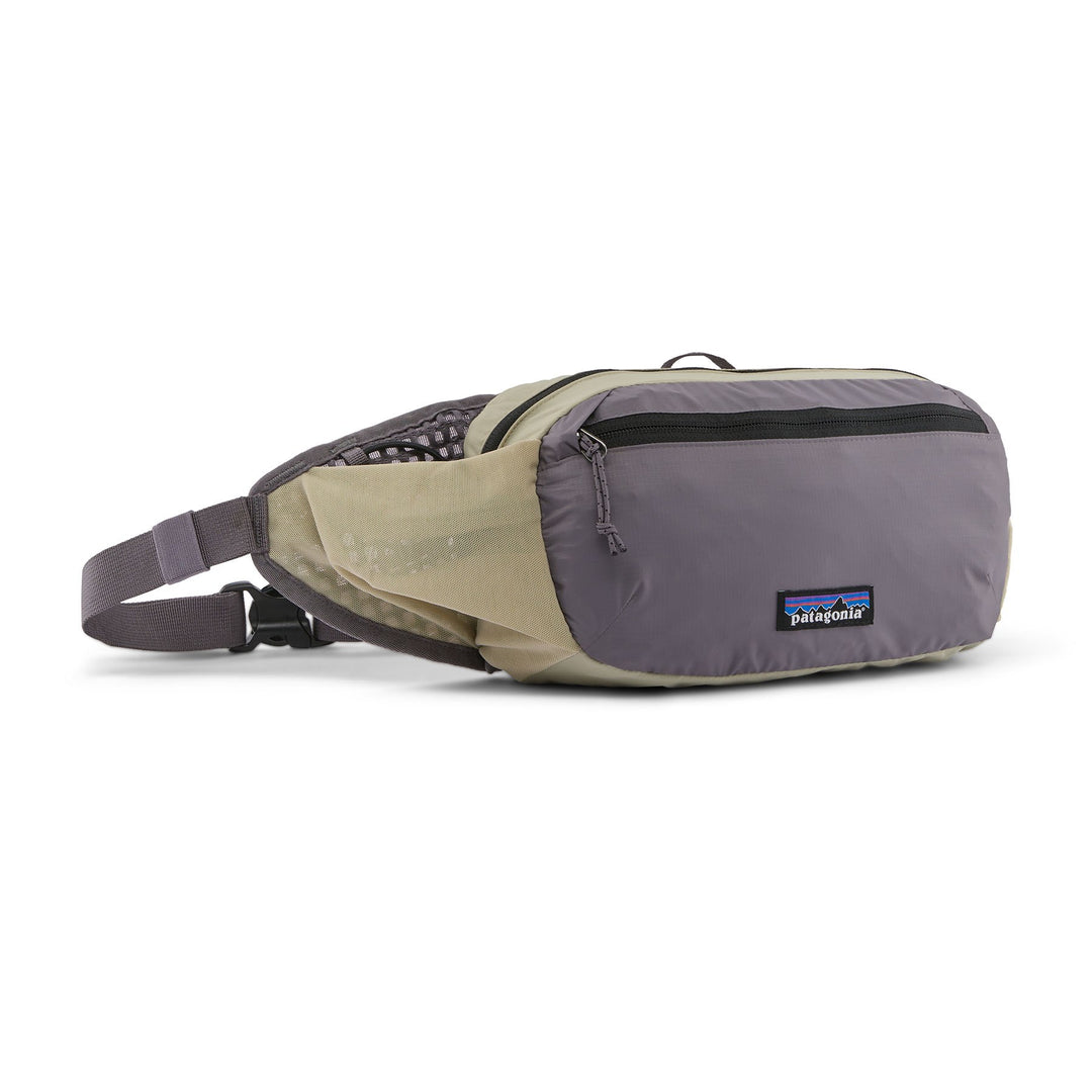 Patagonia Terravia Hip Pack 5L in May Grey — front view with khaki base, grey lid and dark zip