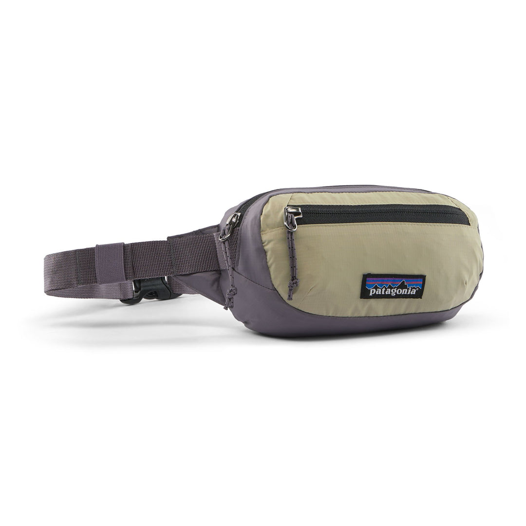 Patagonia Terravia Mini Hip Pack in Weathered Stone — front view with khaki body and grey belt