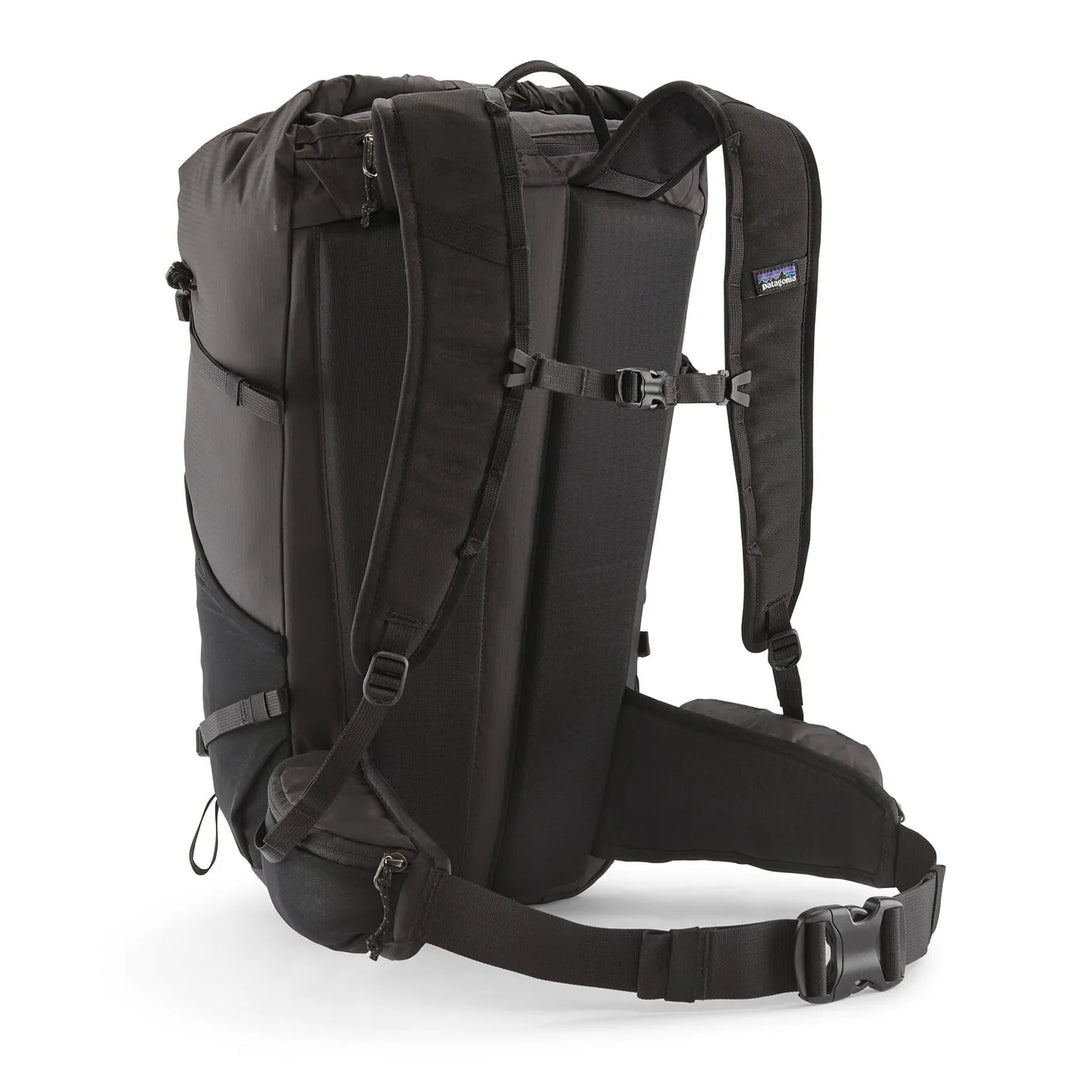 Patagonia Terravia Pack 36L Black — back panel with padded straps, load lifters, and hip belt