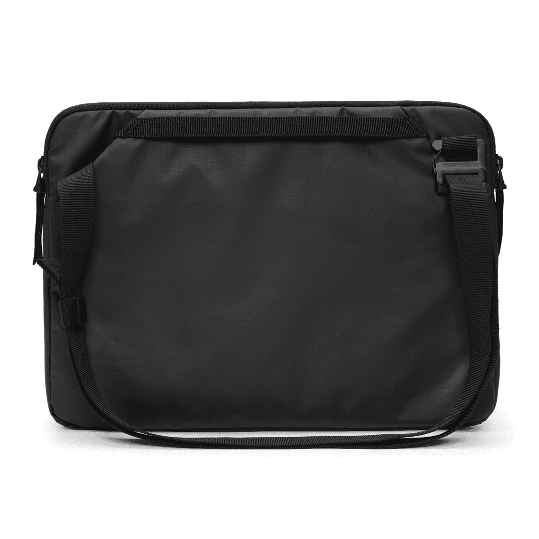 Ramverk Laptop Sleeve 14" in Black, back view with the trolley pass-through band and the shoulder strap