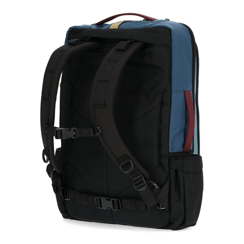 sac à dos de voyage éco responsable global travel pack bleu cyan rouge bourgogne vue arrière