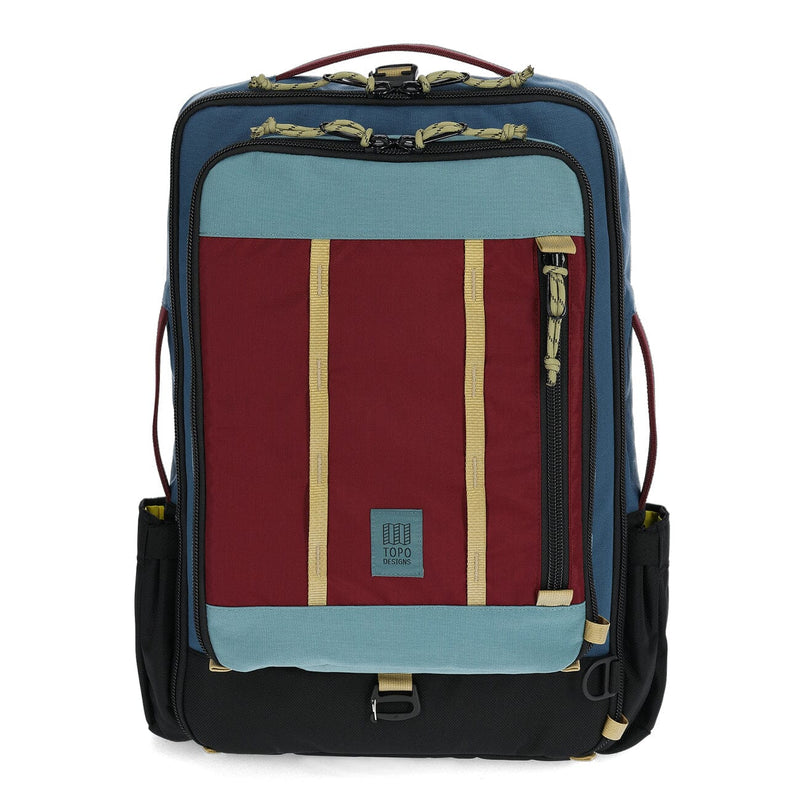 sac à dos de voyage éco responsable global travel pack bleu cyan rouge bourgogne vue avant