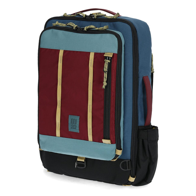 sac à dos de voyage éco responsable global travel pack bleu cyan rouge bourgogne vue latérale