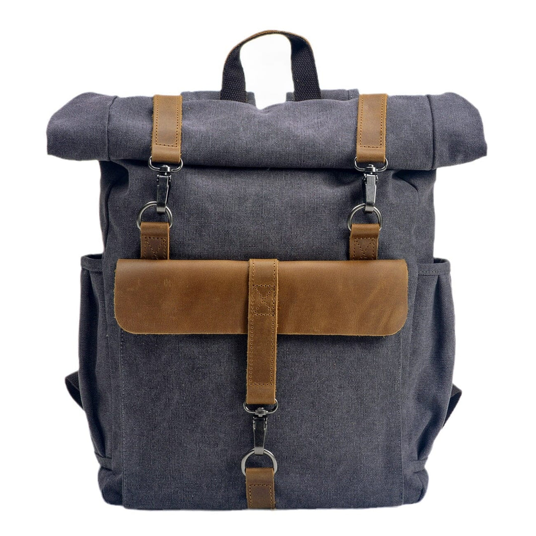Retro canvas rucksack in dark grey with full-grain leather flap and antiqued brass buckles, Eiken Reykjavik model