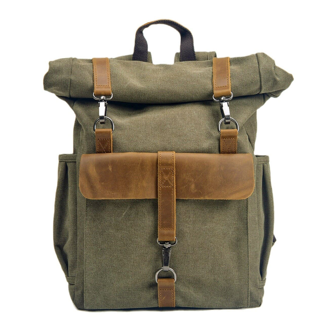 Retro canvas rucksack in light green waxed canvas with crazy horse leather flap and brass buckles, Eiken Reykjavik model