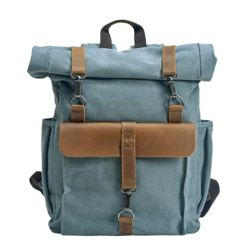 Retro canvas rucksack, light blue, classic cotton canvas with full-grain leather