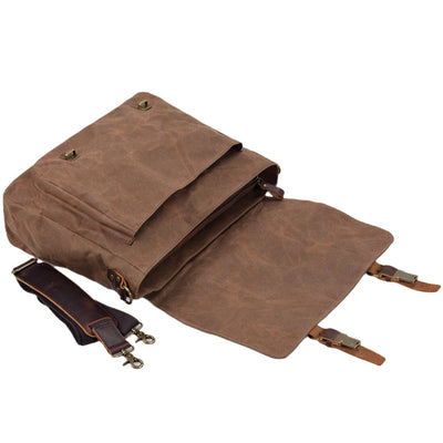 roomy functional waxed canvas and leather messenger bag