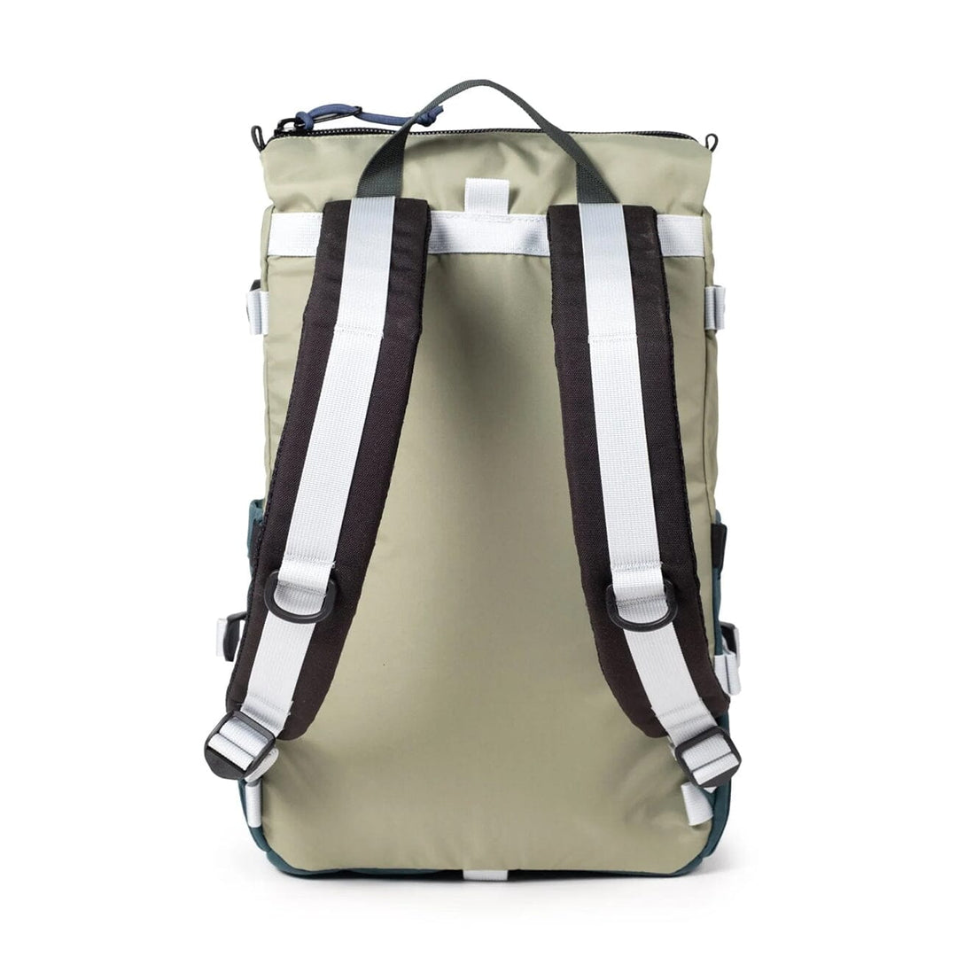 Rear view of the Rover Pack Classic in oil green — sage back panel with white shoulder straps