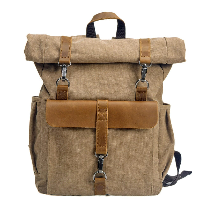 Rugged retro canvas hiking rucksack outdoors in khaki