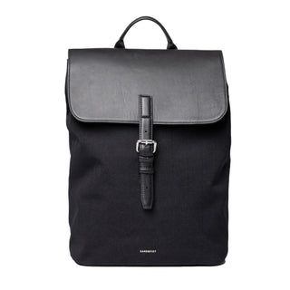 Sandqvist Leather Lid Backpack 14 inch Black — front view with leather flap and single buckle strap
