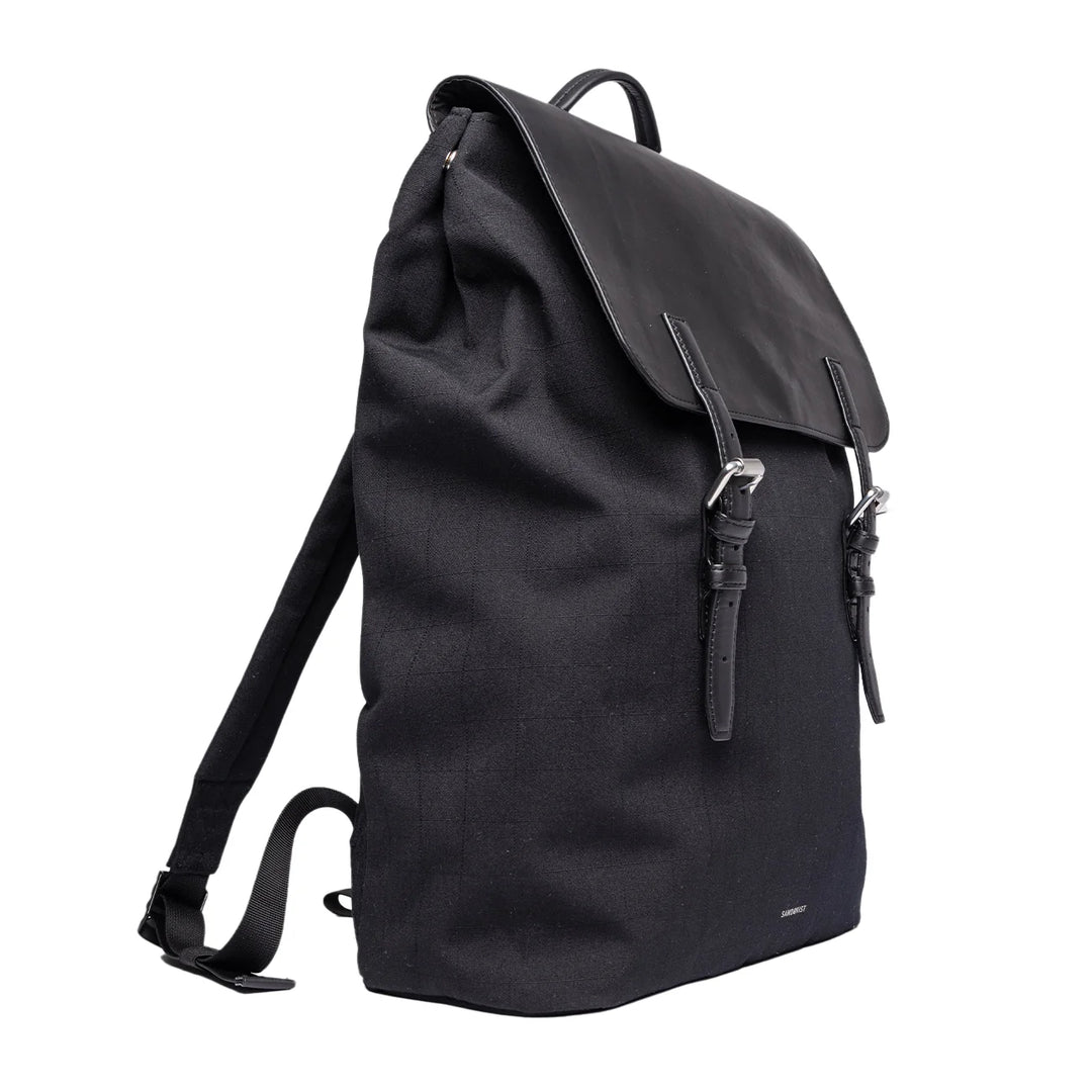 Sandqvist Leather Lid Backpack 16 inch Black — three-quarter angle showing shoulder straps
