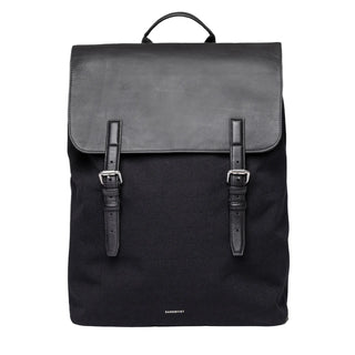 Sandqvist Leather Lid Backpack 16 inch Black — front view with leather flap and double buckle straps