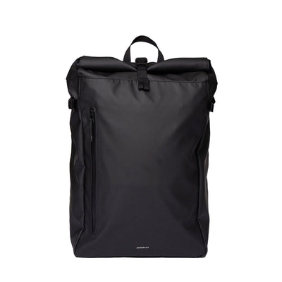 Front view of the Sandqvist Stream Slim Rolltop M backpack in black, featuring a sleek waterproof build and vertical front zipper pocket