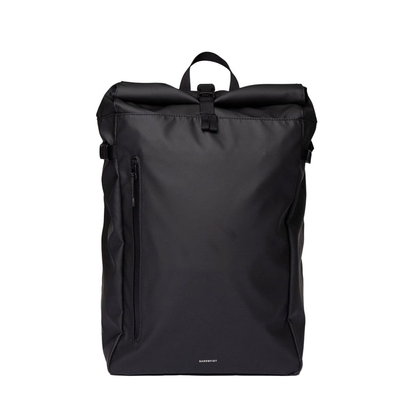 Front view of the Sandqvist Stream Slim Rolltop M backpack in black, featuring a sleek waterproof build and vertical front zipper pocket