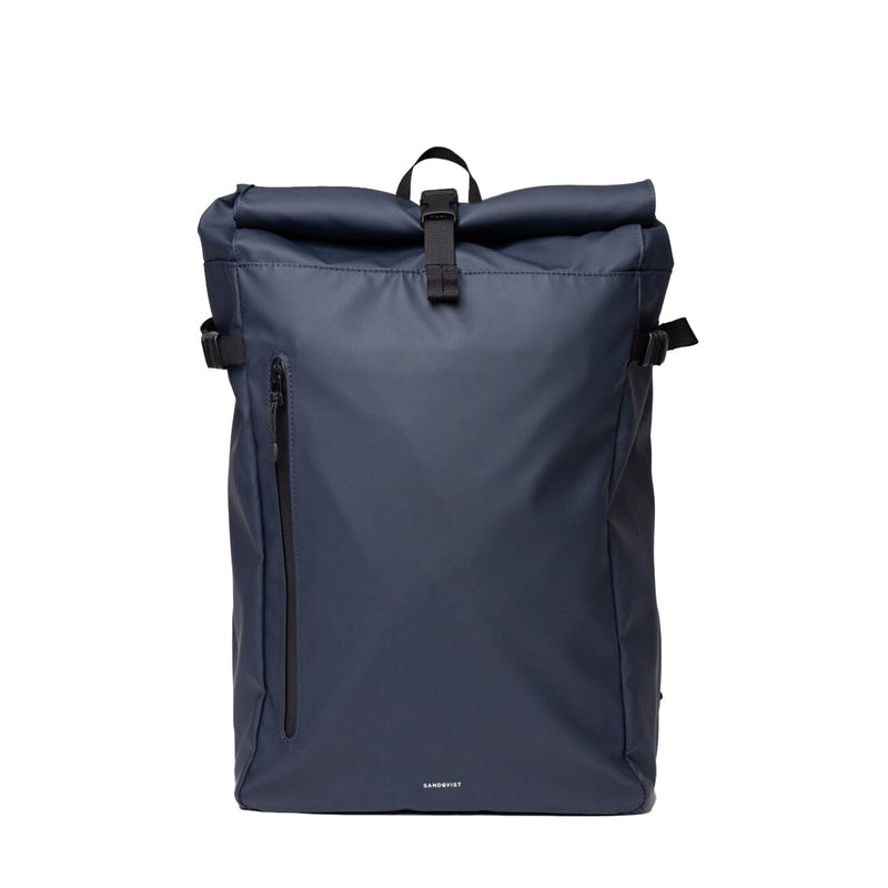 Front view of the Sandqvist Stream Slim Rolltop M backpack in navy blue, featuring a sleek waterproof finish and vertical zip pocket