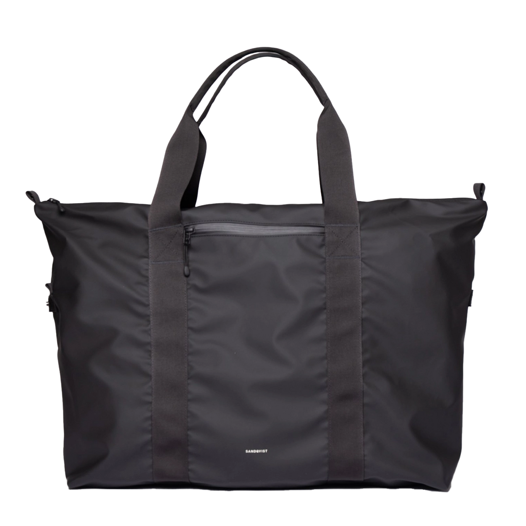 Sandqvist STREAM Weekender Bag 49L Black — front view with handles up and expandable side panels