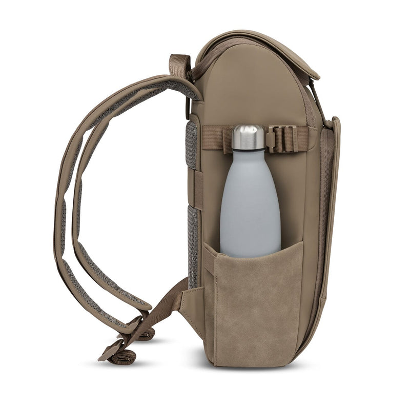 Side view of the Bali Medium backpack with water bottle pocket and adjustable straps, perfect for travel or workdays