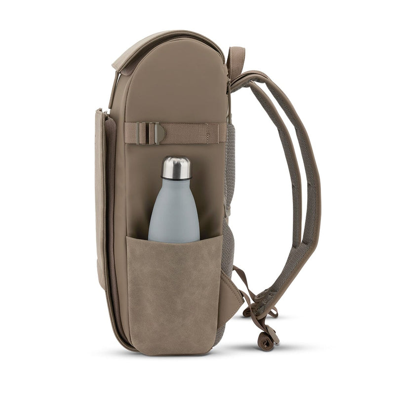 Side view of the backpack showing the water bottle pocket and adjustable straps, ideal for commutes and short trips