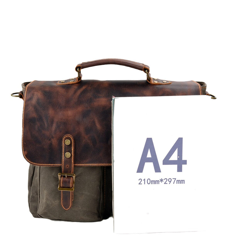 size comparison between a4 sheet and a vintage messenger bag from eiken, tulsa model