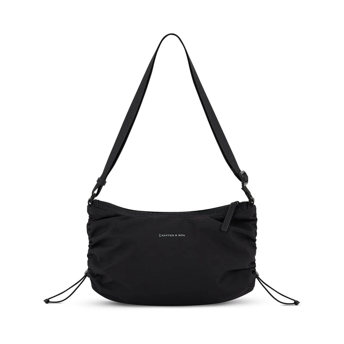 Front view with side drawcords cinched for a compact shape
