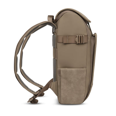 Side profile of the slim vegan backpack in walnut color, designed for daily commuting and lightweight mobility