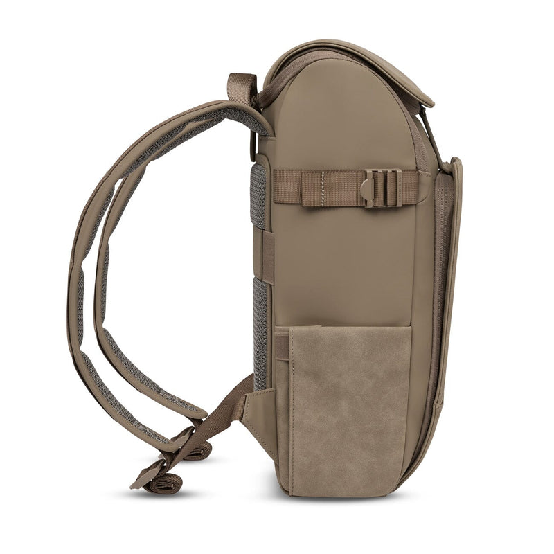 Side profile of the slim vegan backpack in walnut color, designed for daily commuting and lightweight mobility