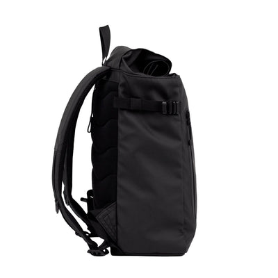 Side profile of the black slim rolltop backpack, showing its ergonomic straps, streamlined design, and durable waterproof fabric.