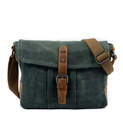 small canvas messenger bag, emerald, waxed canvas and leather accents