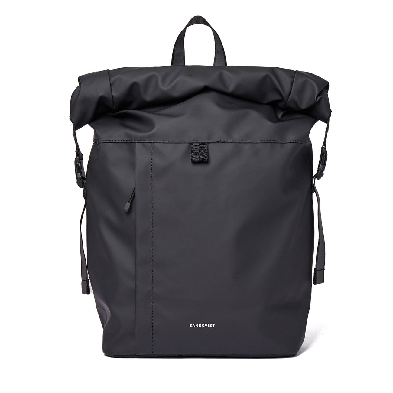 best small waterproof backpacks, designed with recycled polyester,  roll top opening,  konrad model from sandqvist in black color front view