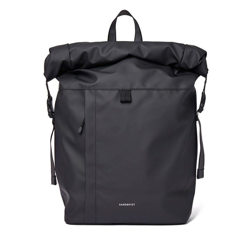 Sandqvist Konrad backpack in black, front view on white background