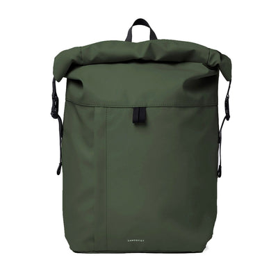 mini waterproof bag recycled polyester and nylon, expandable roll top, konrad model from sandqvist, green color front view