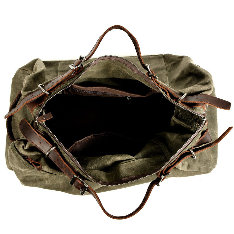 spacious compartment green canvas sports duffle bag