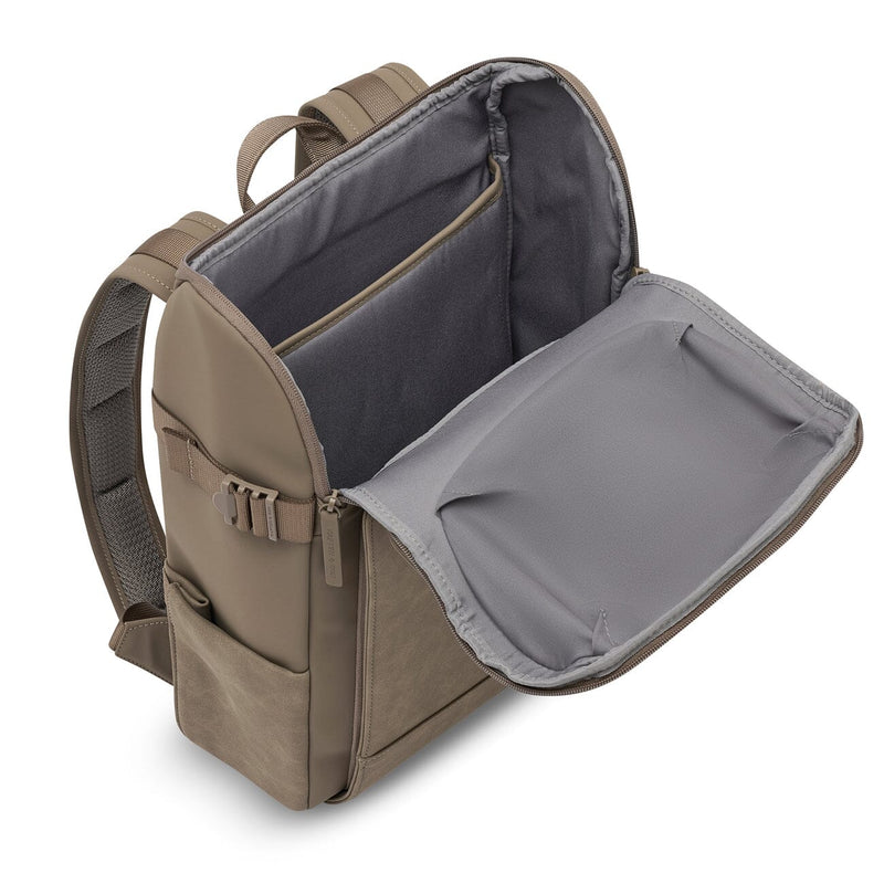 Open view of the Bali Medium Backpack Walnut showing its spacious, fully lined main compartment with smart internal pocket