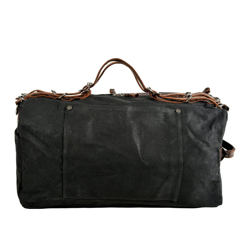 sports duffle bag, black, waterproof waxed canvas and leather trims