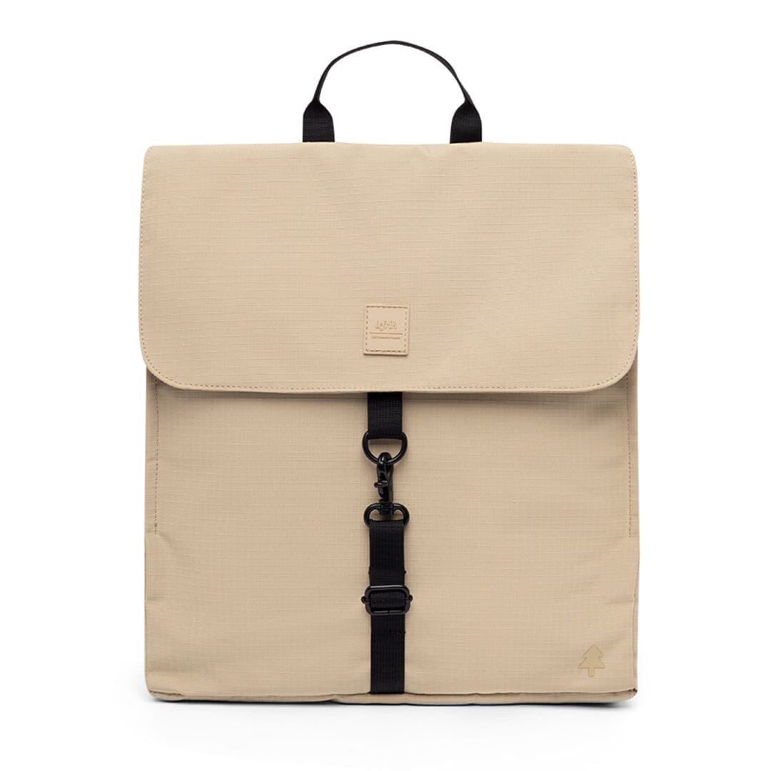 front view of the stone color sustainable backpack from Lefrik