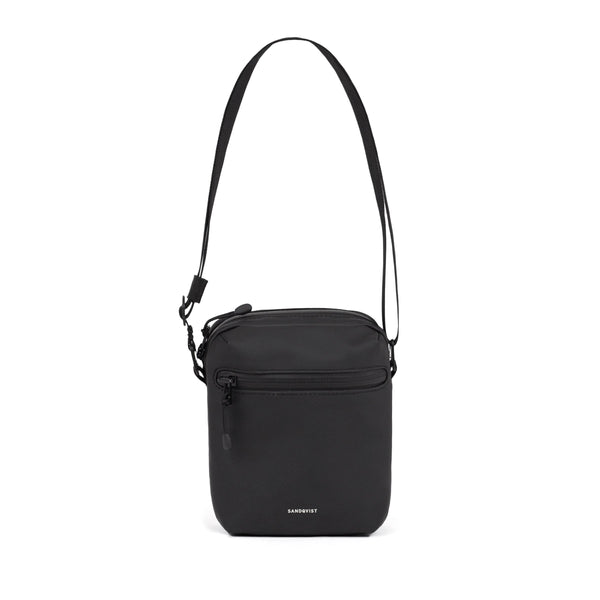 Black Stream shoulder bag, front view with the adjustable strap raised