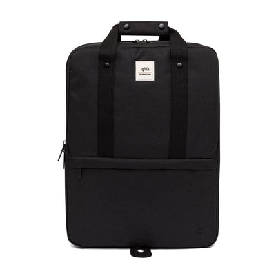Front view of eco-friendly black backpack on a white background