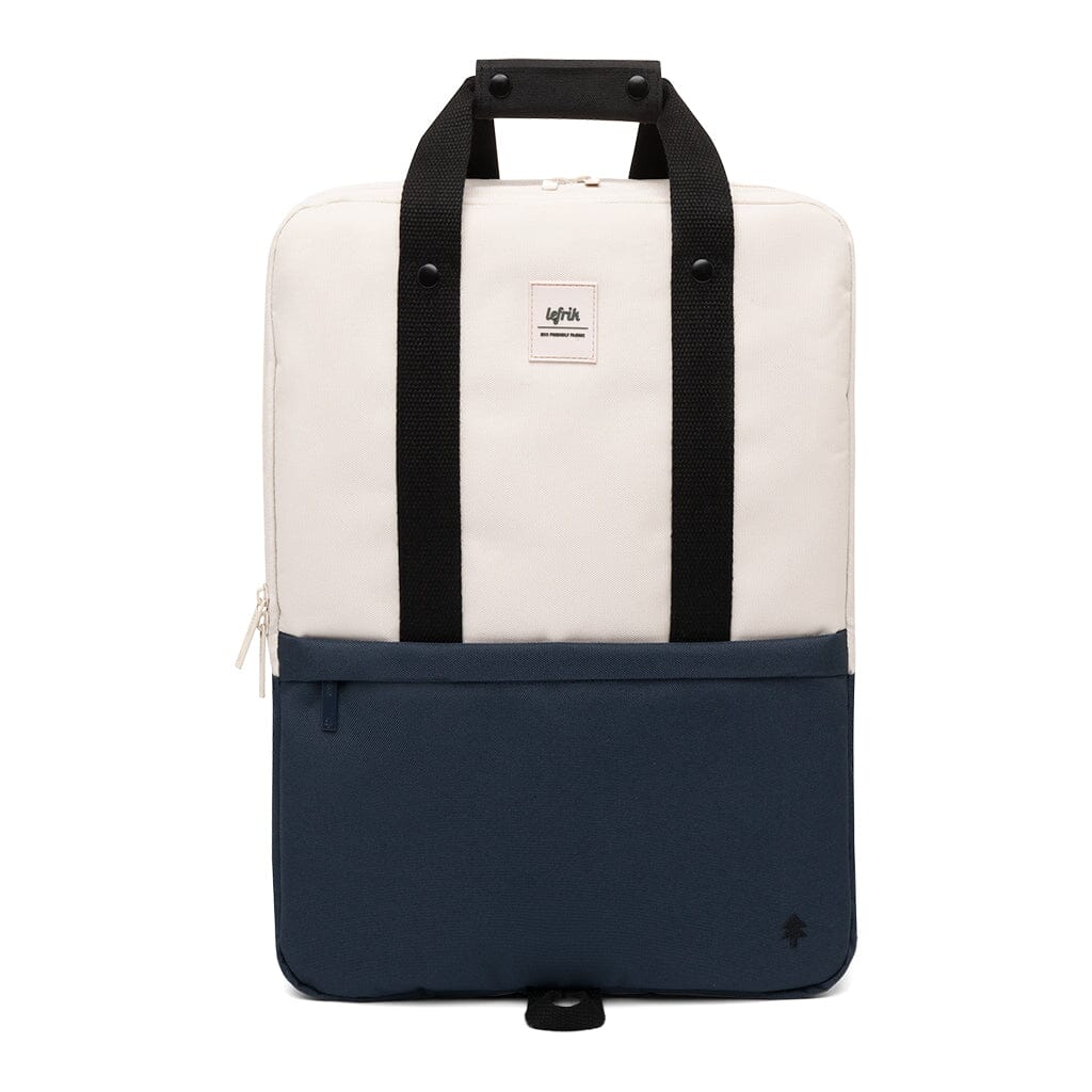 Eco-friendly blue and white daypack, front view