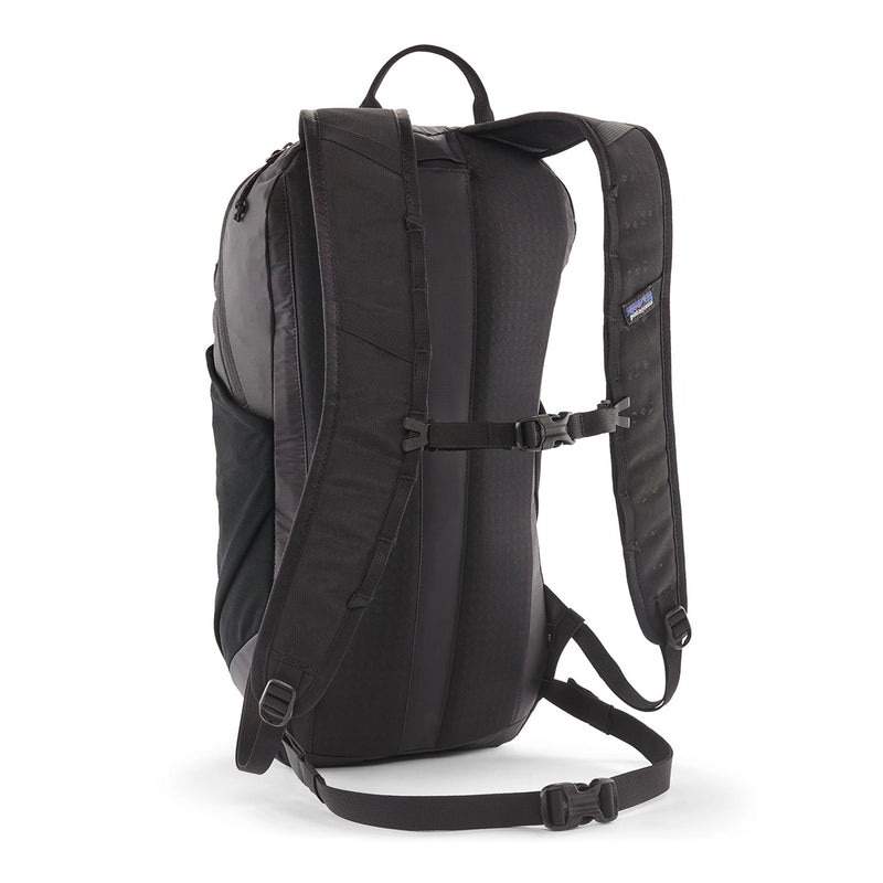 Back view of the Patagonia Terravia Pack 14L in black showing padded straps and sternum support