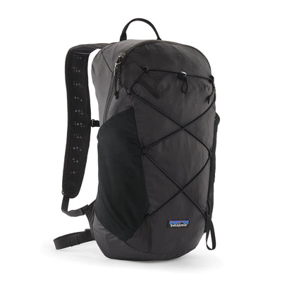 Front view of the Patagonia Terravia Pack 14L in black with stretch pockets and bungee cord system