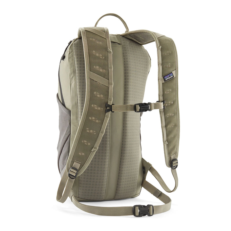 Back panel of the Terravia Pack 14L in River Rock Green featuring ventilated shoulder straps and hip belt