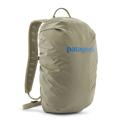 River Rock Green Patagonia Terravia Pack 14L with rain cover fully deployed, blue Patagonia logo visible