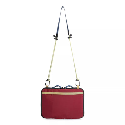 topo designs all adventure bag, burgundy color, back view