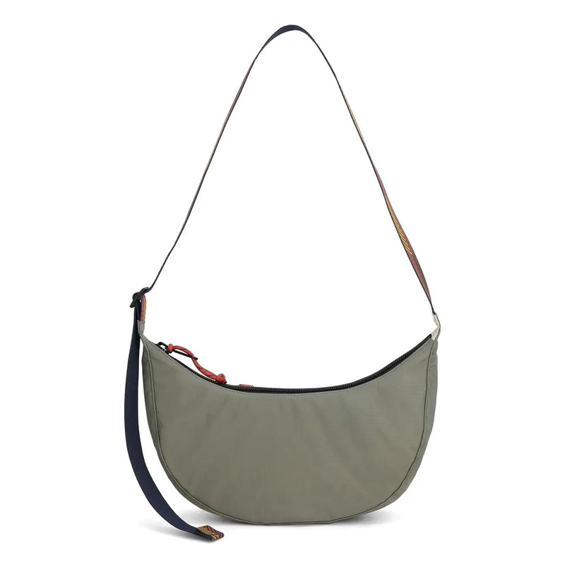 Back of the Topo Designs crescent crossbody bag in olive green, casual and practical everyday bag
